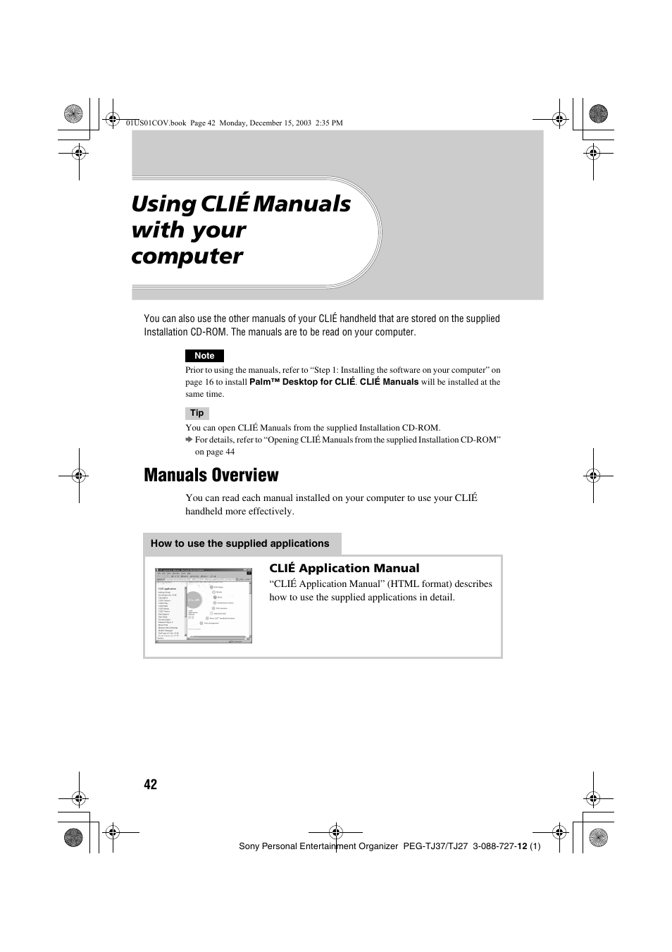 Using clié manuals with your computer, Manuals overview | Sony PEG-TJ37 User Manual | Page 42 / 84