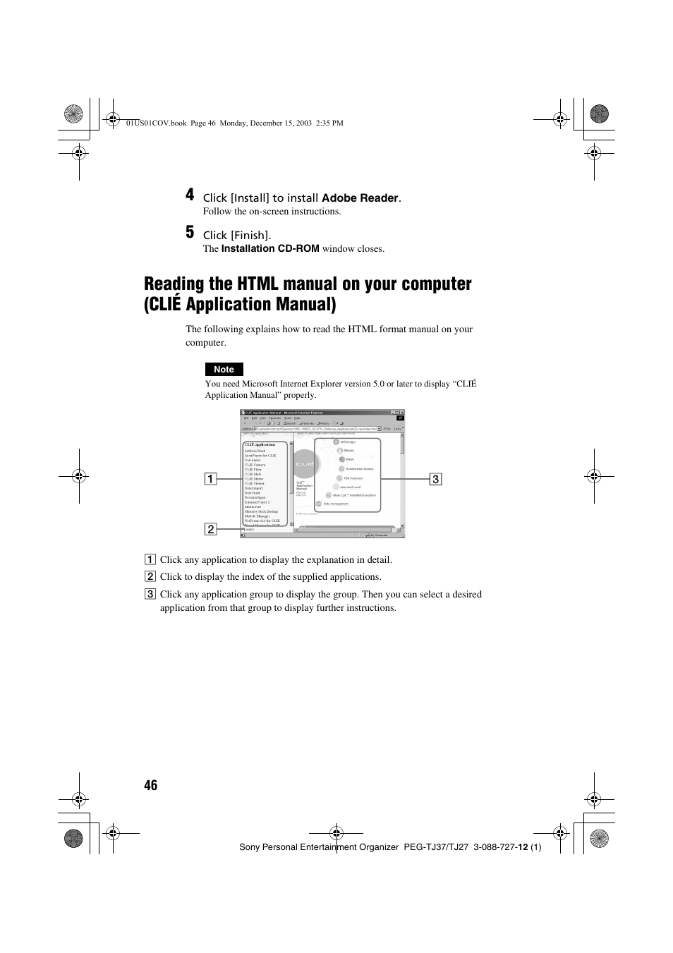 Reading the html manual on your computer, Clié application manual) | Sony PEG-TJ37 User Manual | Page 46 / 84