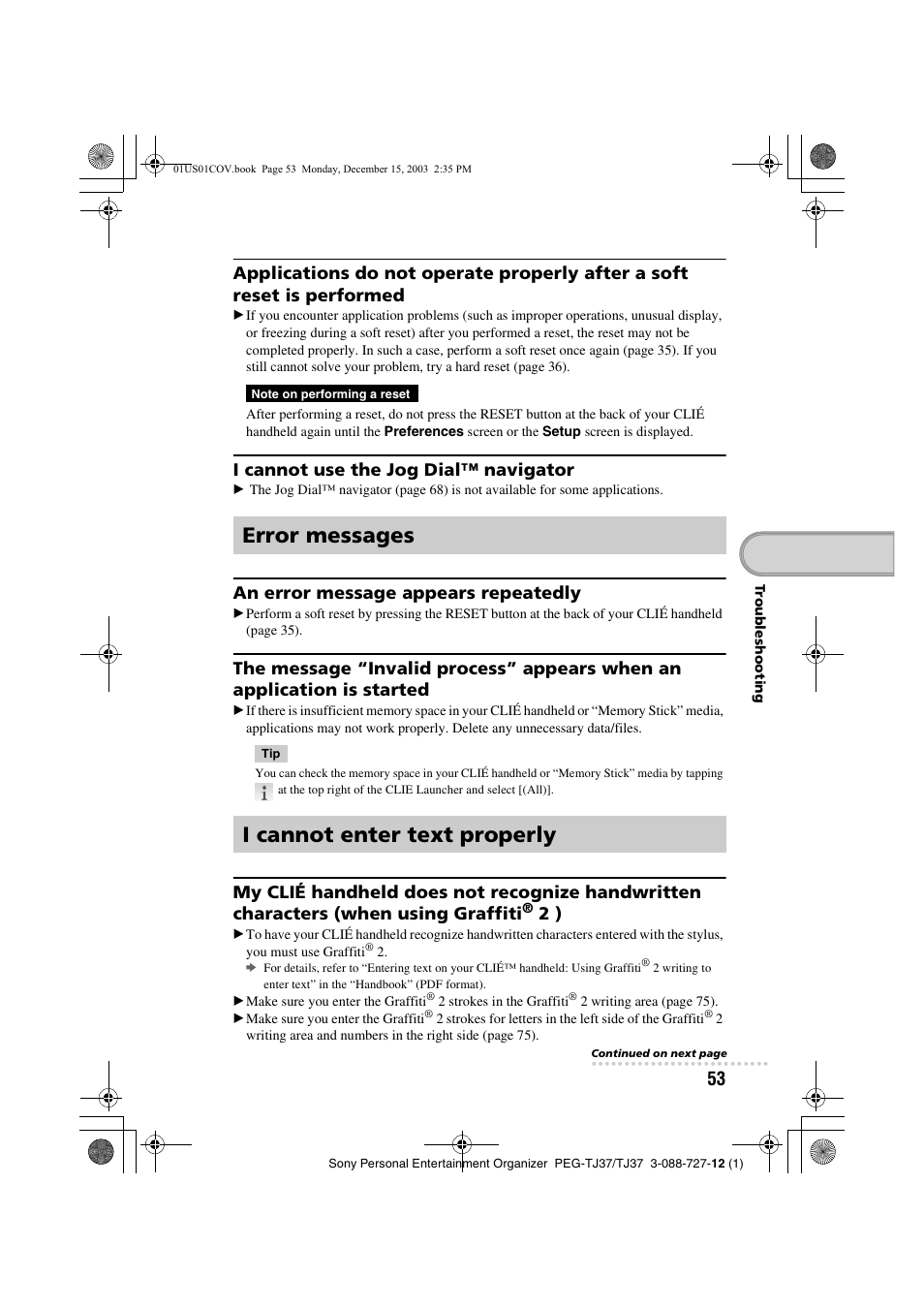 Error messages i cannot enter text properly, I cannot use the jog dial™ navigator, An error message appears repeatedly | Sony PEG-TJ37 User Manual | Page 53 / 84