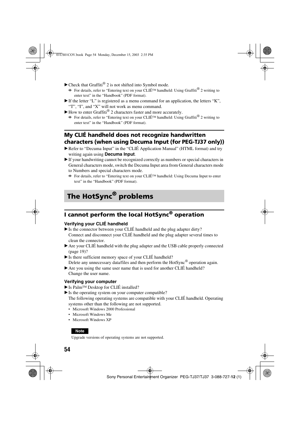 The hotsync, Problems, I cannot perform the local hotsync | Operation | Sony PEG-TJ37 User Manual | Page 54 / 84