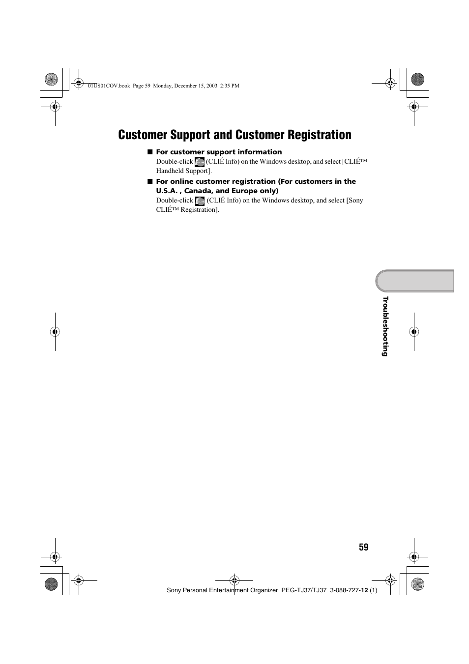 Customer support and customer registration, Customer support and, Customer registration | Sony PEG-TJ37 User Manual | Page 59 / 84