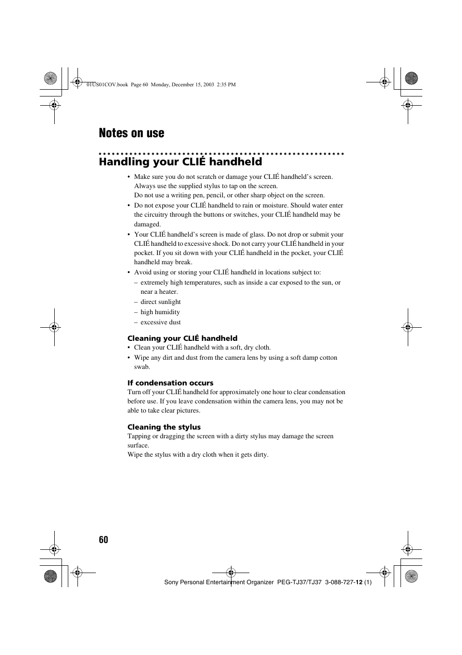 Notes on use, Handling your clié handheld | Sony PEG-TJ37 User Manual | Page 60 / 84