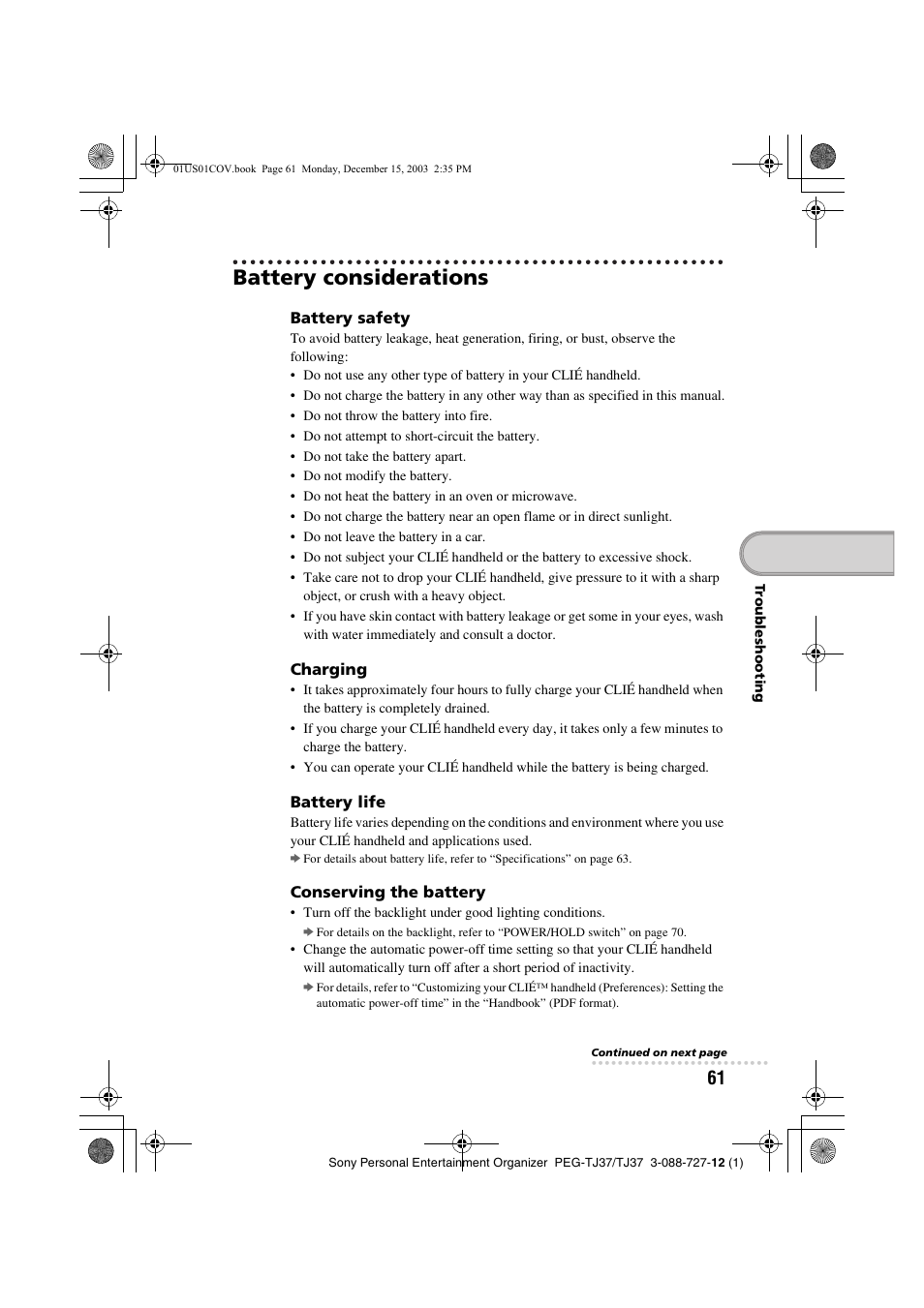 Battery considerations | Sony PEG-TJ37 User Manual | Page 61 / 84