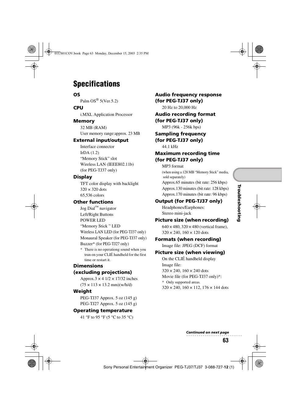 Specifications | Sony PEG-TJ37 User Manual | Page 63 / 84