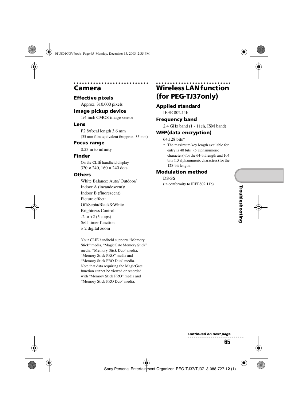 Camera, Wireless lan function (for peg-tj37only) | Sony PEG-TJ37 User Manual | Page 65 / 84