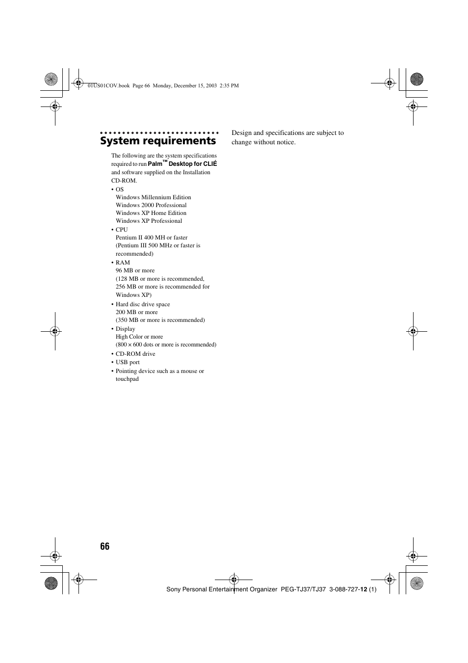 System requirements | Sony PEG-TJ37 User Manual | Page 66 / 84