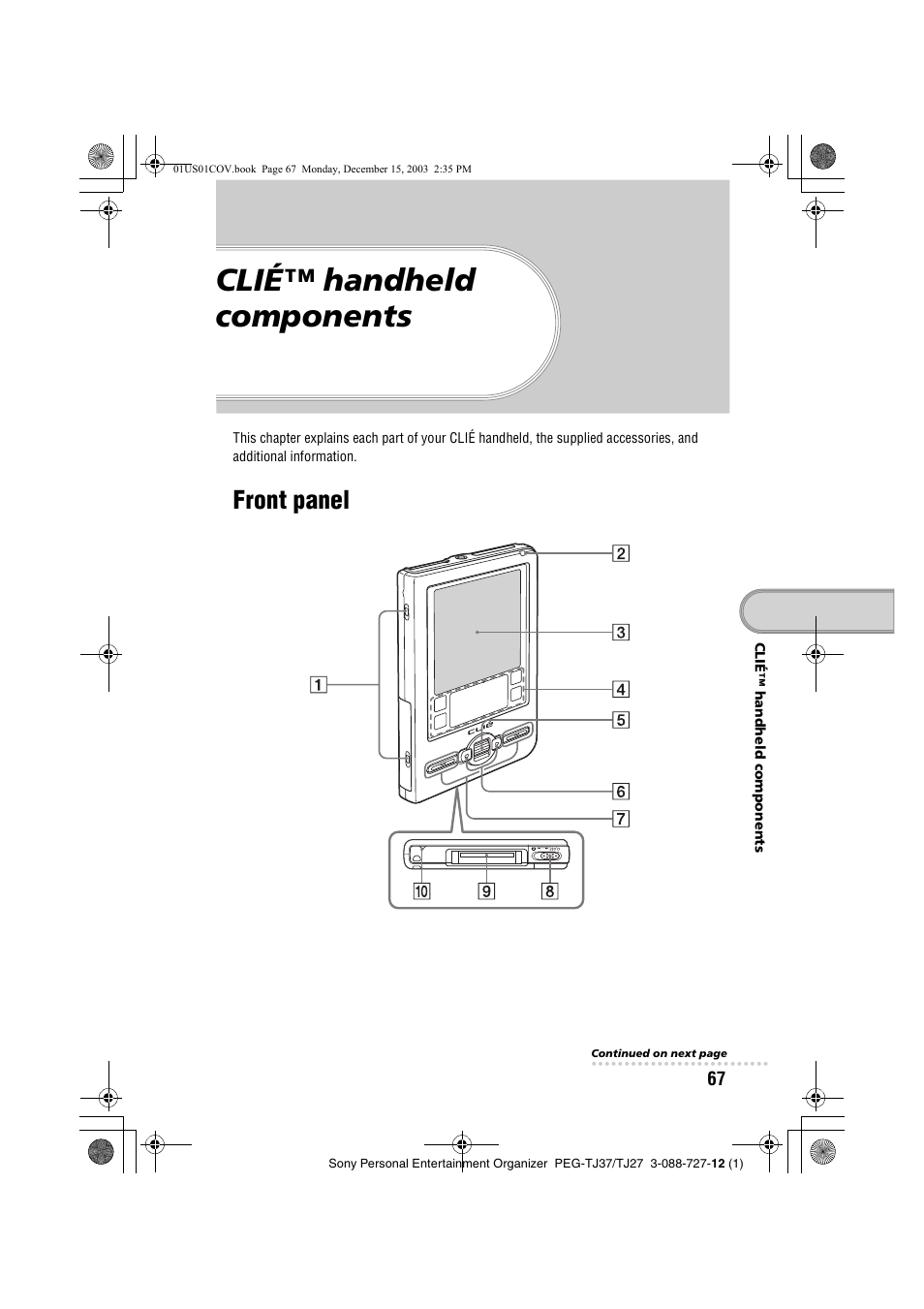 Clié™ handheld components, Front panel | Sony PEG-TJ37 User Manual | Page 67 / 84