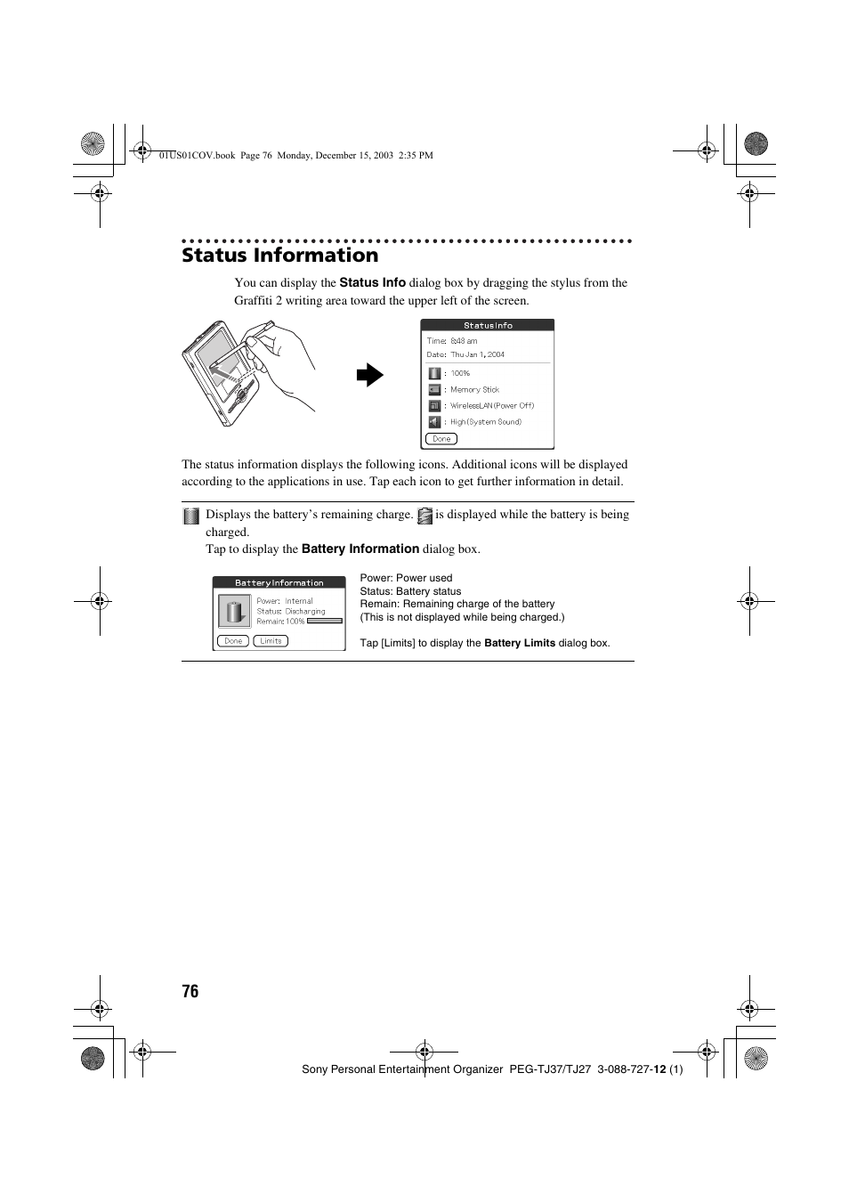 Status information | Sony PEG-TJ37 User Manual | Page 76 / 84