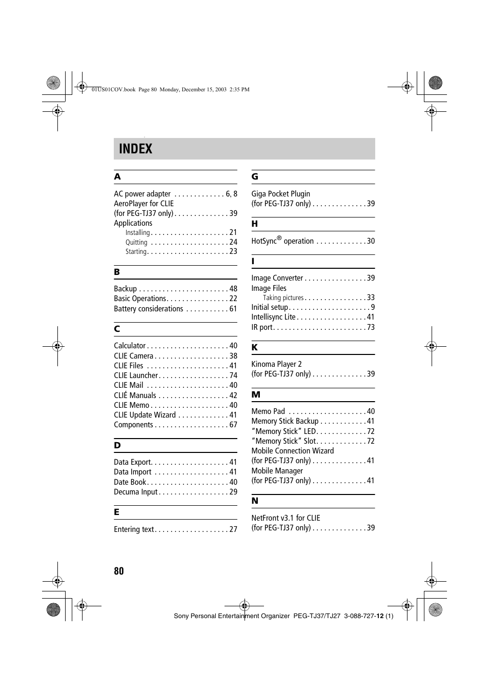 Index | Sony PEG-TJ37 User Manual | Page 80 / 84