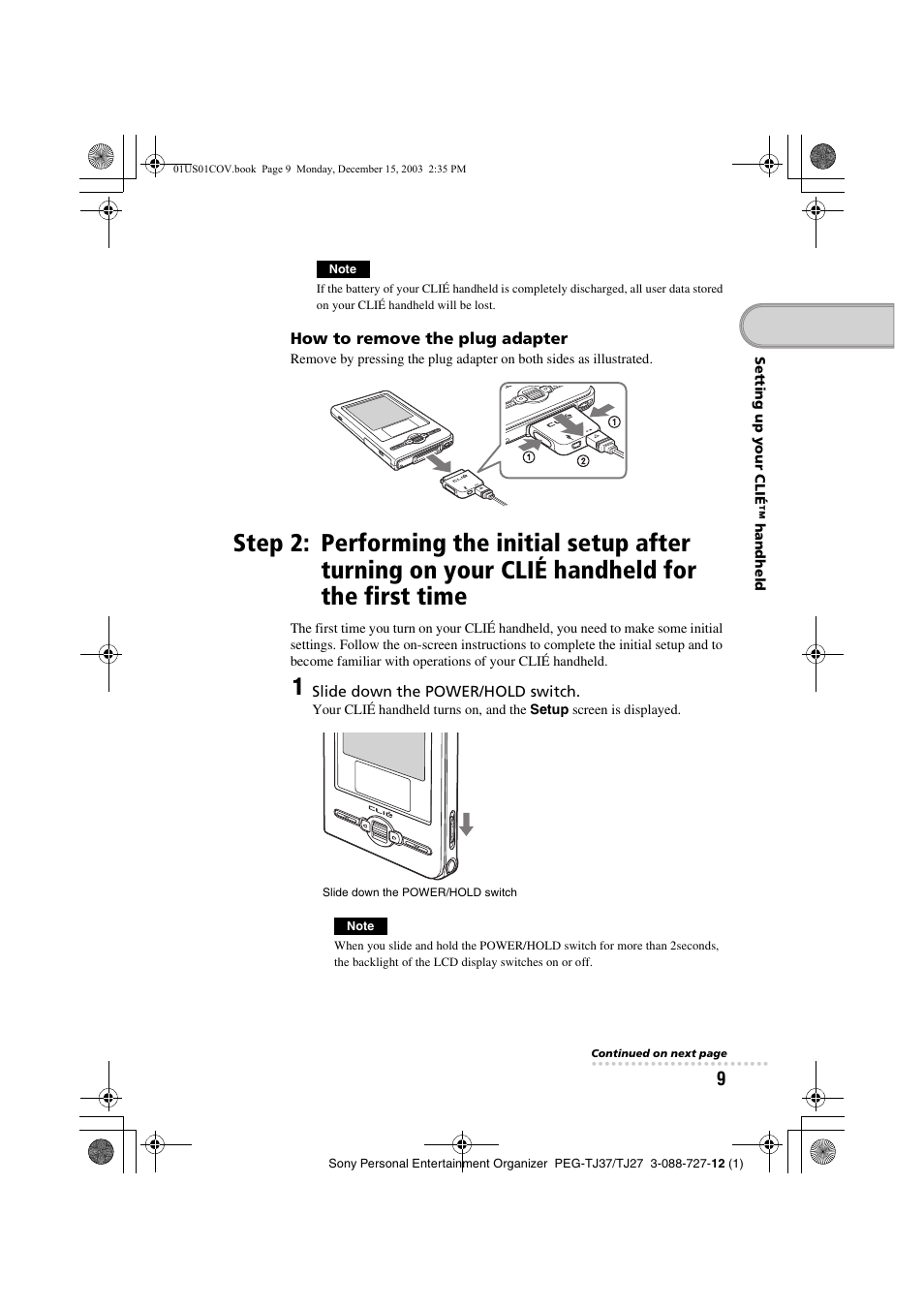 Performing the initial setup after turning on, Your clié handheld for the first time | Sony PEG-TJ37 User Manual | Page 9 / 84