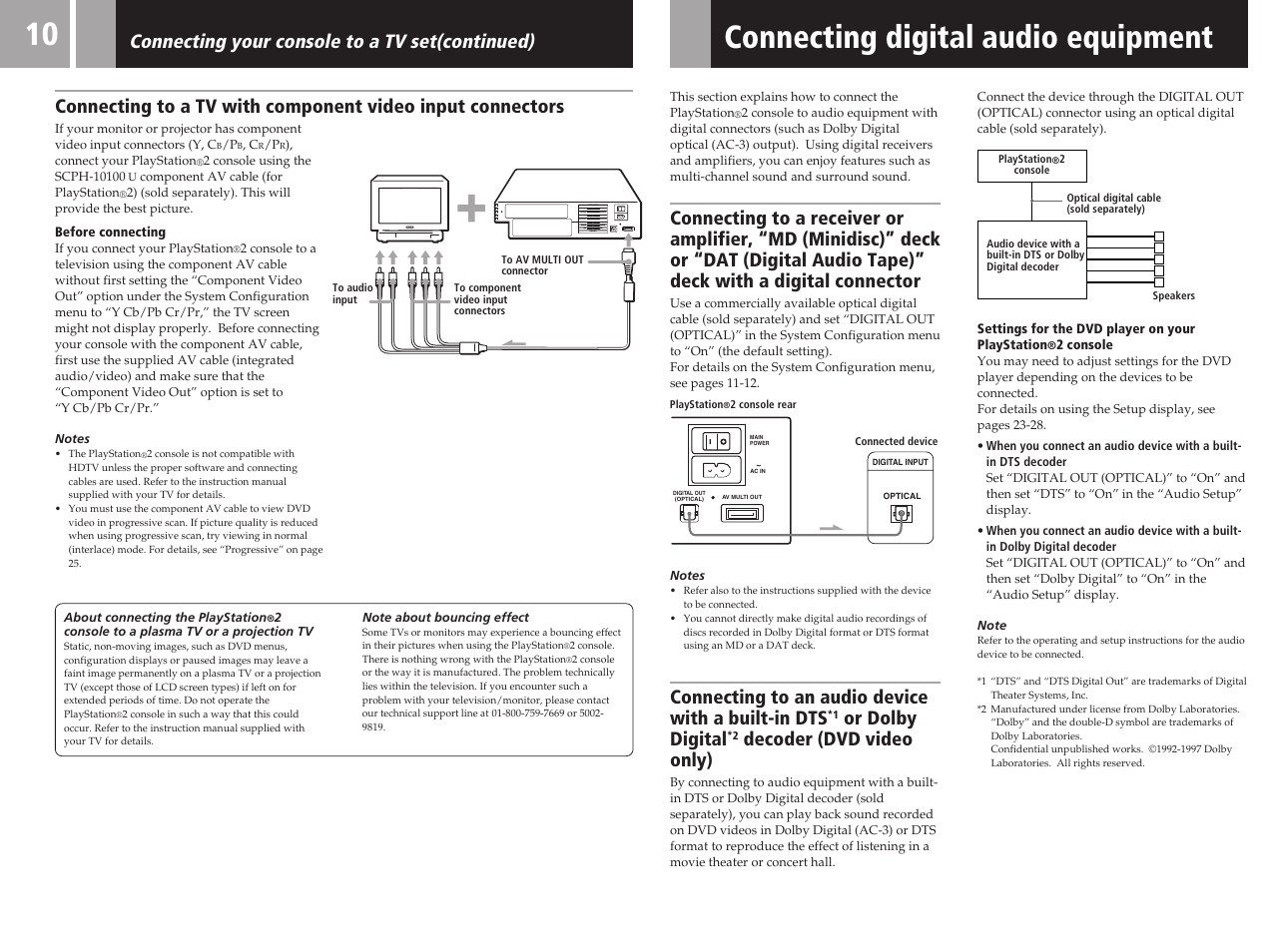 Connecting digital audio equipment, Connecting to an audio device with a built-in dts, Or dolby digital | Decoder (dvd video only), Connecting your console to a tv set(continued) | Sony SCPH-50011 User Manual | Page 10 / 64