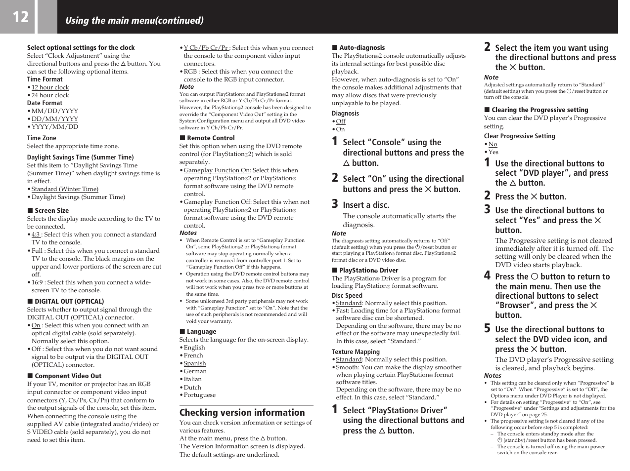 Checking version information, Using the main menu(continued) | Sony SCPH-50011 User Manual | Page 12 / 64