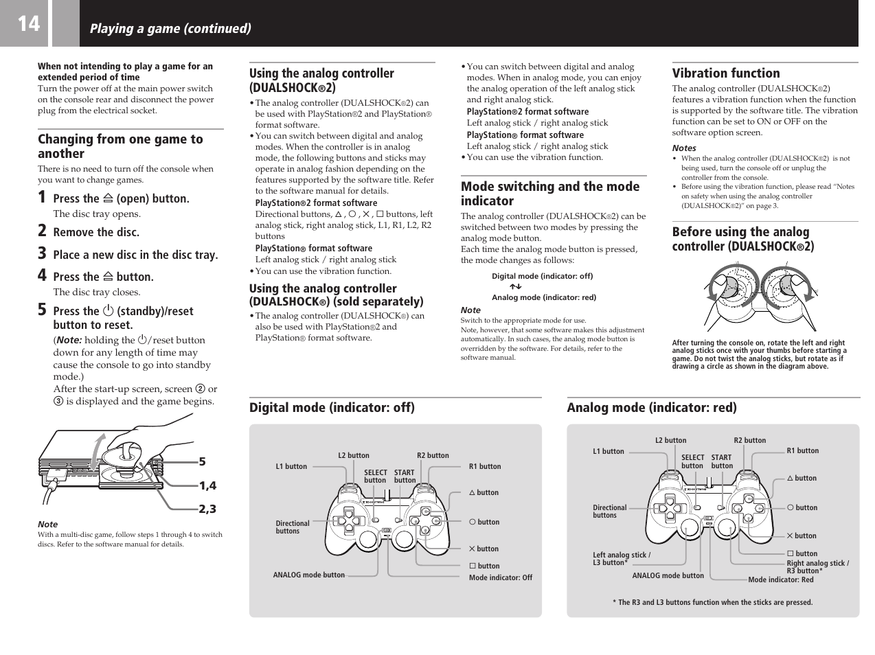 Changing from one game to another, Using the analog controller (dualshock, Mode switching and the mode indicator | Vibration function, Before using the analog controller (dualshock, Playing a game (continued) | Sony SCPH-50011 User Manual | Page 14 / 64