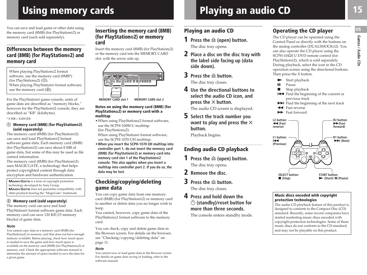 Playing an audio cd, Checking/copying/deleting game data, Ending audio cd playback | Operating the cd player | Sony SCPH-50011 User Manual | Page 15 / 64