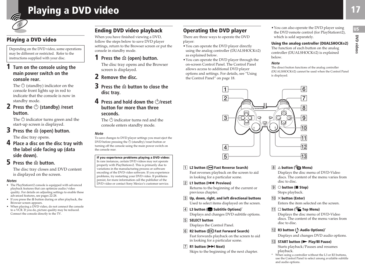Playing a dvd video, Ending dvd video playback, Operating the dvd player | Sony SCPH-50011 User Manual | Page 17 / 64