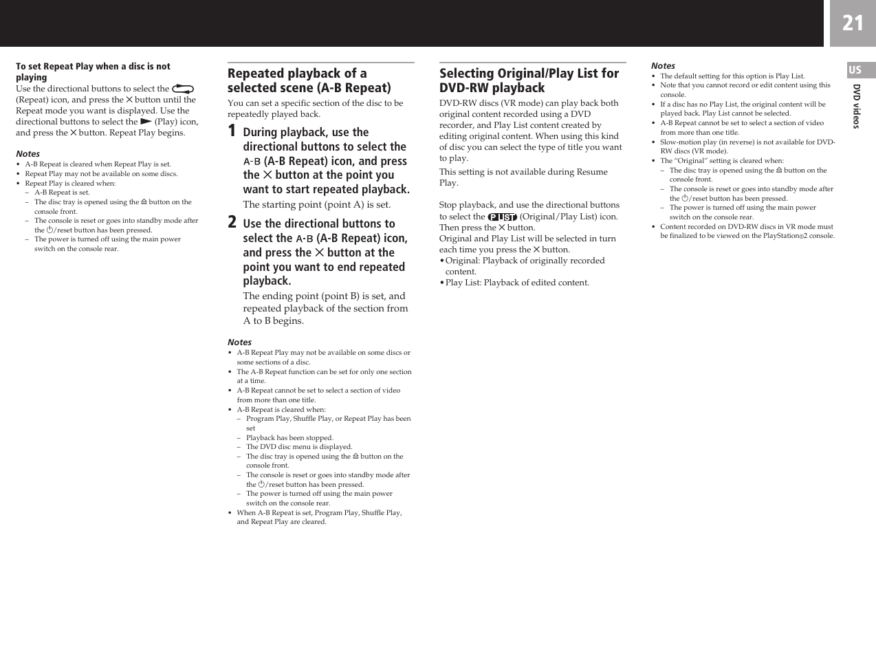 Repeated playback of a selected scene (a-b repeat), Selecting original/play list for dvd-rw playback | Sony SCPH-50011 User Manual | Page 21 / 64