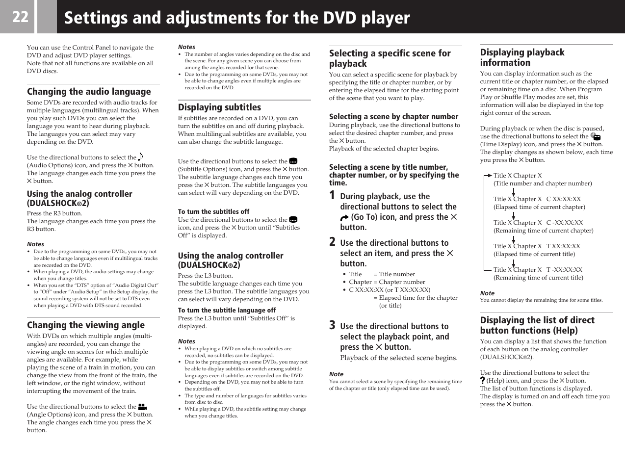 Settings and adjustments for the dvd player, Changing the audio language, Changing the viewing angle | Displaying subtitles, Selecting a specific scene for playback, Displaying playback information | Sony SCPH-50011 User Manual | Page 22 / 64