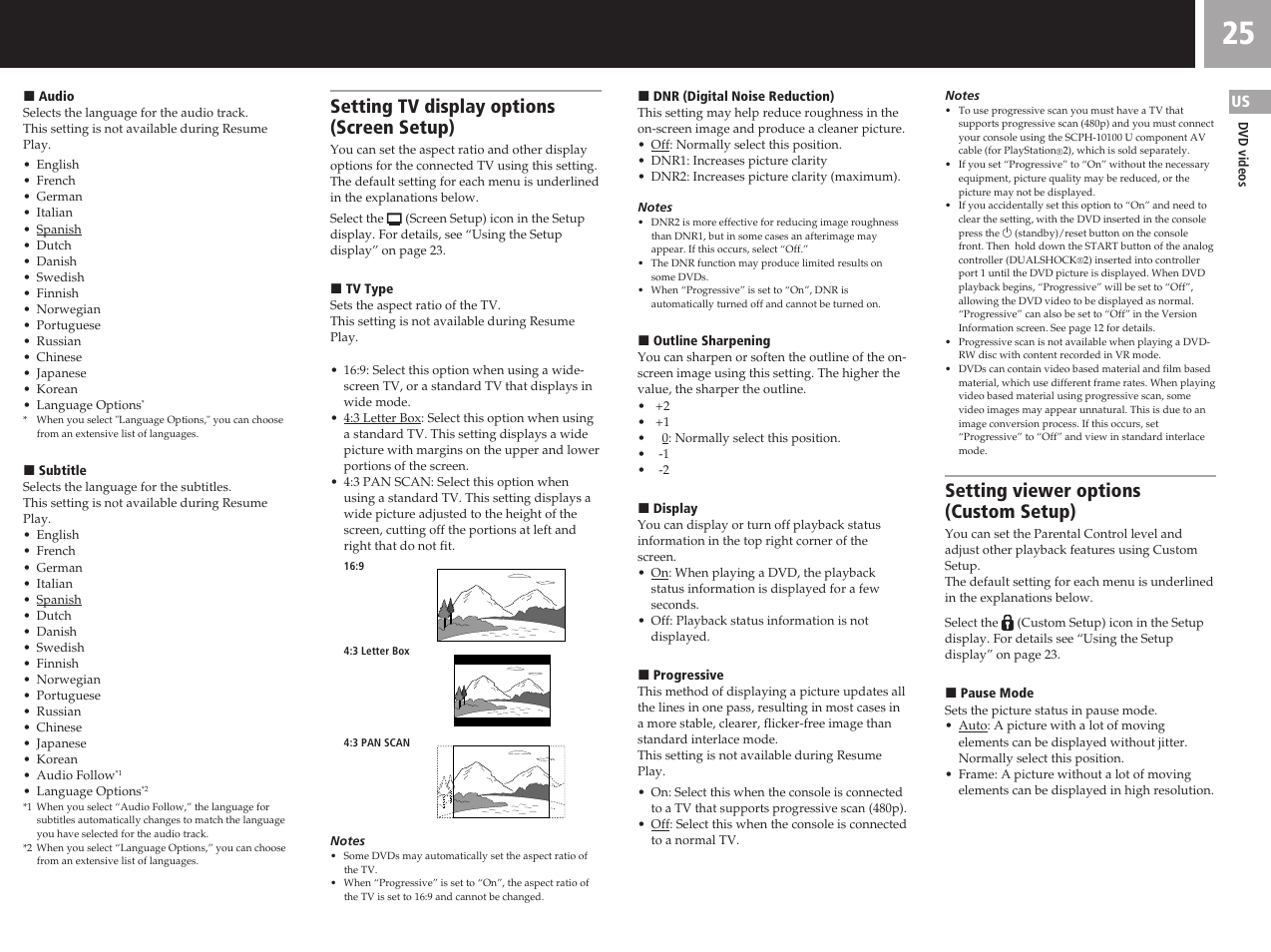 Setting tv display options (screen setup), Setting viewer options (custom setup) | Sony SCPH-50011 User Manual | Page 25 / 64