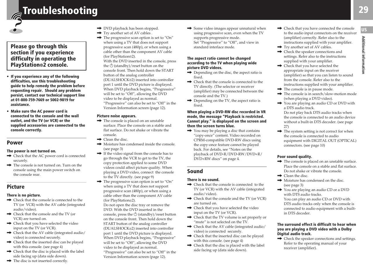 Troubleshooting, 2 console, Power | Picture, Sound | Sony SCPH-50011 User Manual | Page 29 / 64