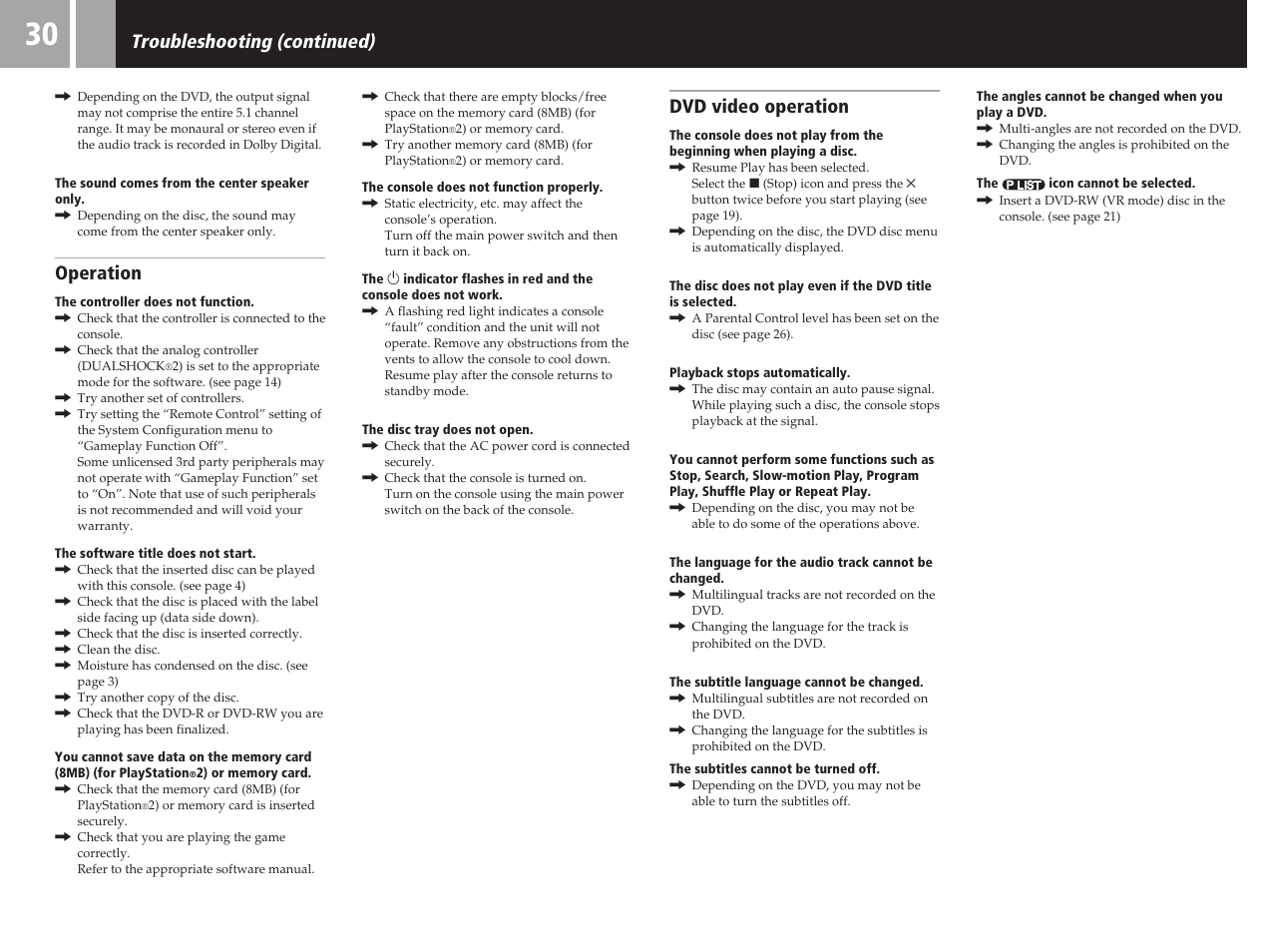 Troubleshooting (continued), Operation, Dvd video operation | Sony SCPH-50011 User Manual | Page 30 / 64