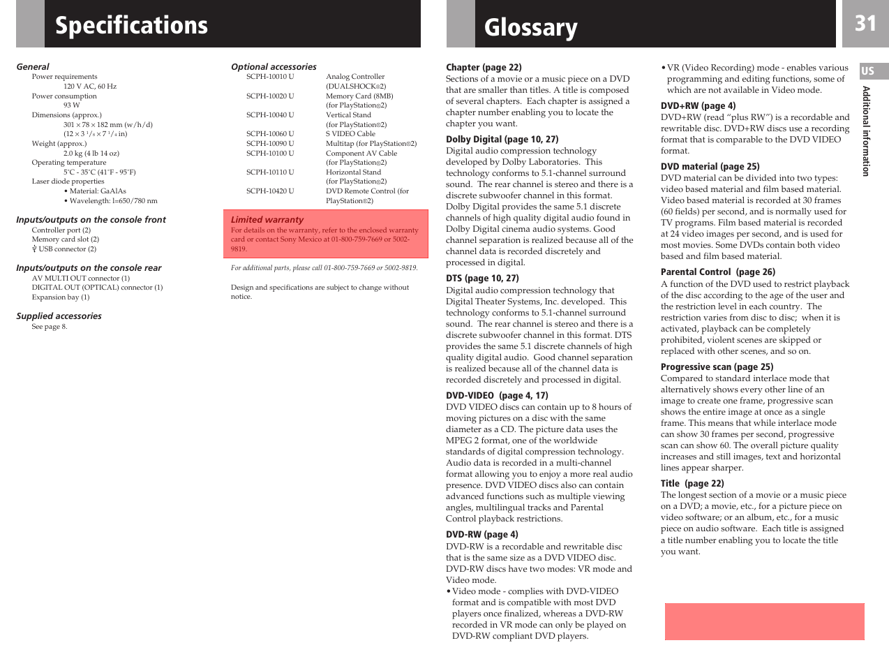 Specifications, Glossary | Sony SCPH-50011 User Manual | Page 31 / 64