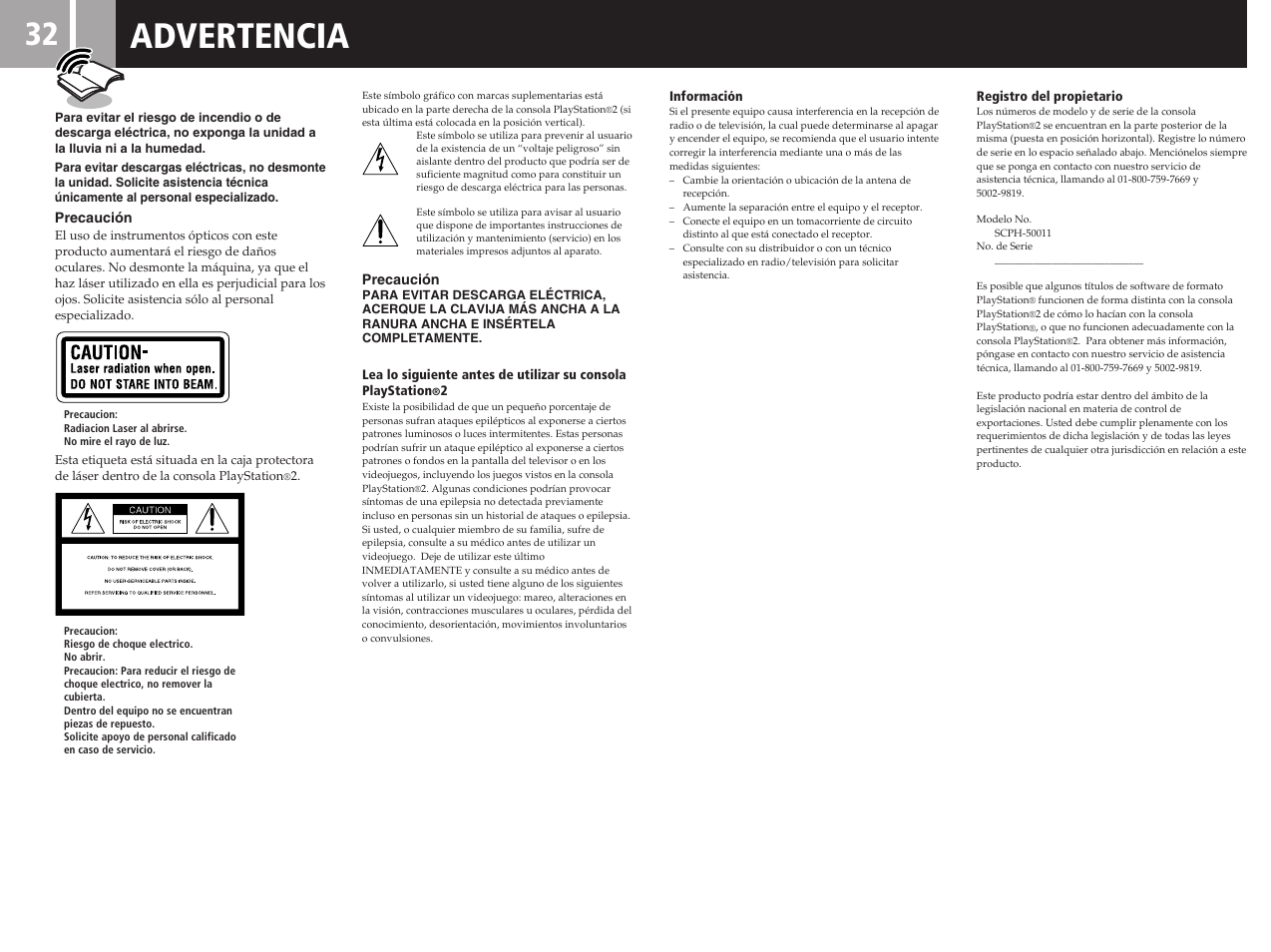 Advertencia | Sony SCPH-50011 User Manual | Page 32 / 64