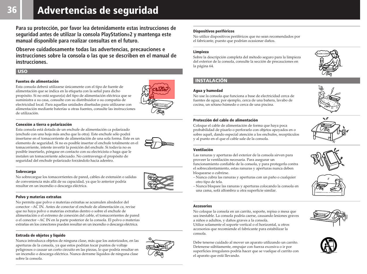 Advertencias de seguridad | Sony SCPH-50011 User Manual | Page 36 / 64