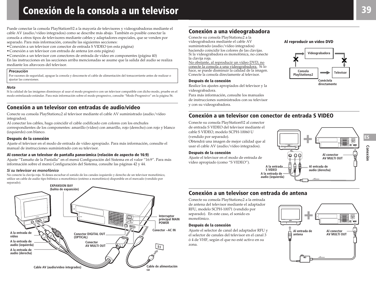 Conexión de la consola a un televisor, Conexión a un televisor con entrada de antena | Sony SCPH-50011 User Manual | Page 39 / 64