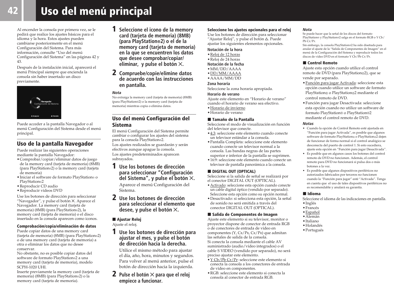 Uso del menú principal, Uso de la pantalla navegador, Uso del menú configuración del sistema | Sony SCPH-50011 User Manual | Page 42 / 64
