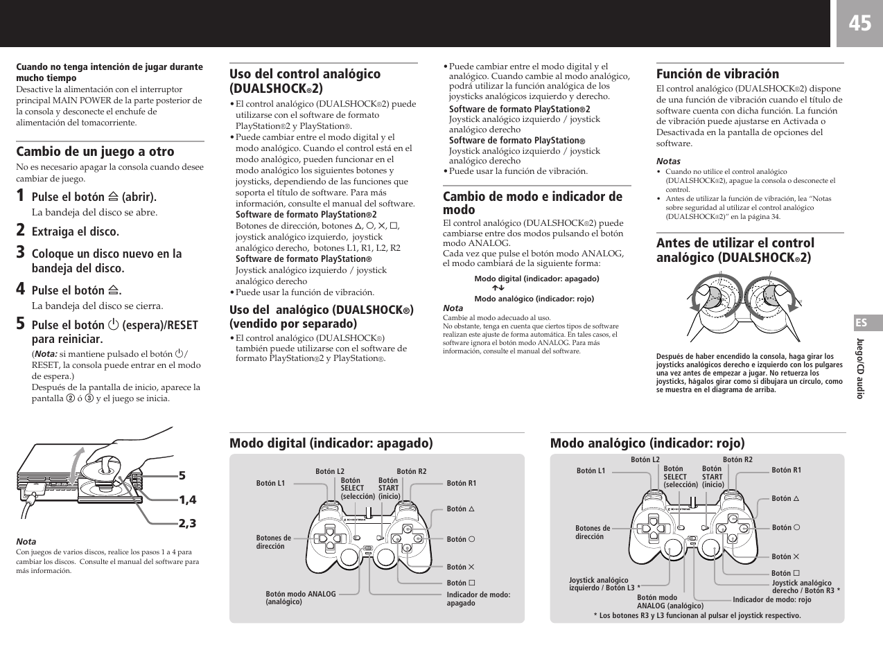 Cambio de un juego a otro, Uso del control analógico (dualshock, Cambio de modo e indicador de modo | Función de vibración, Antes de utilizar el control analógico (dualshock | Sony SCPH-50011 User Manual | Page 45 / 64