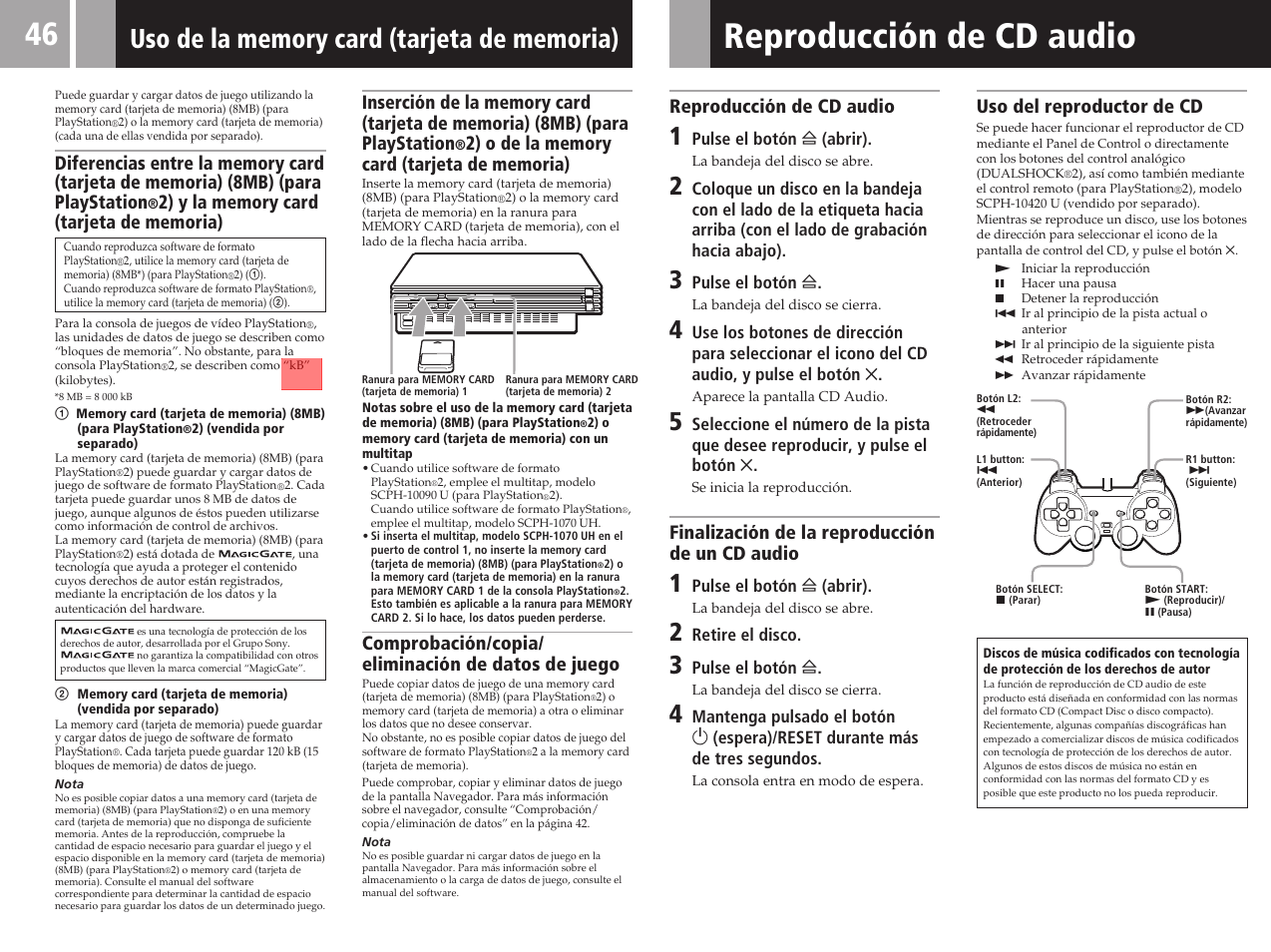 Reproducción de cd audio, Comprobación/copia/ eliminación de datos de juego, Finalización de la reproducción de un cd audio | Uso del reproductor de cd | Sony SCPH-50011 User Manual | Page 46 / 64