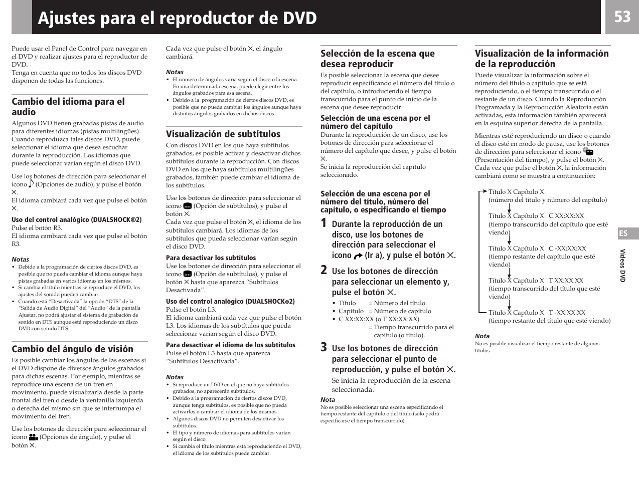 Ajustes para el reproductor de dvd, Cambio del idioma para el audio, Cambio del ángulo de visión | Visualización de subtítulos, Selección de la escena que desea reproducir, Visualización de la información de la reproducción | Sony SCPH-50011 User Manual | Page 53 / 64