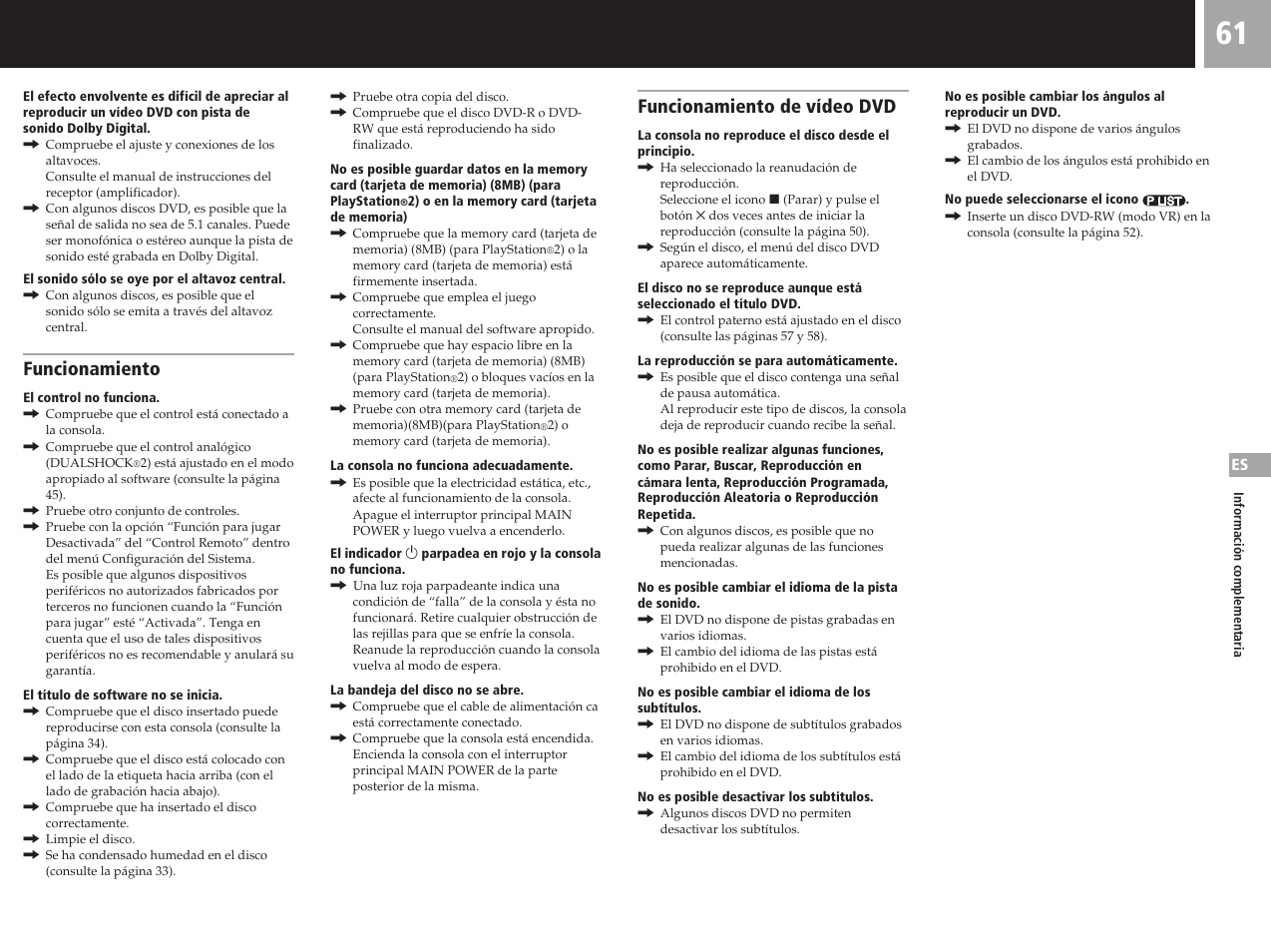 Funcionamiento, Funcionamiento de vídeo dvd | Sony SCPH-50011 User Manual | Page 61 / 64