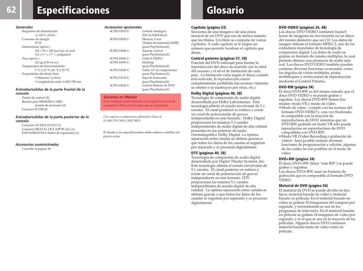Glosario, Especificaciones | Sony SCPH-50011 User Manual | Page 62 / 64