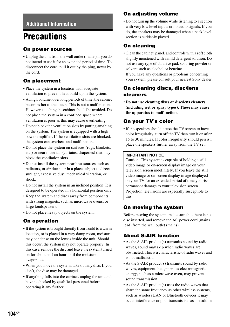 Additional information, Precautions | Sony DAV-DZ380W User Manual | Page 104 / 136