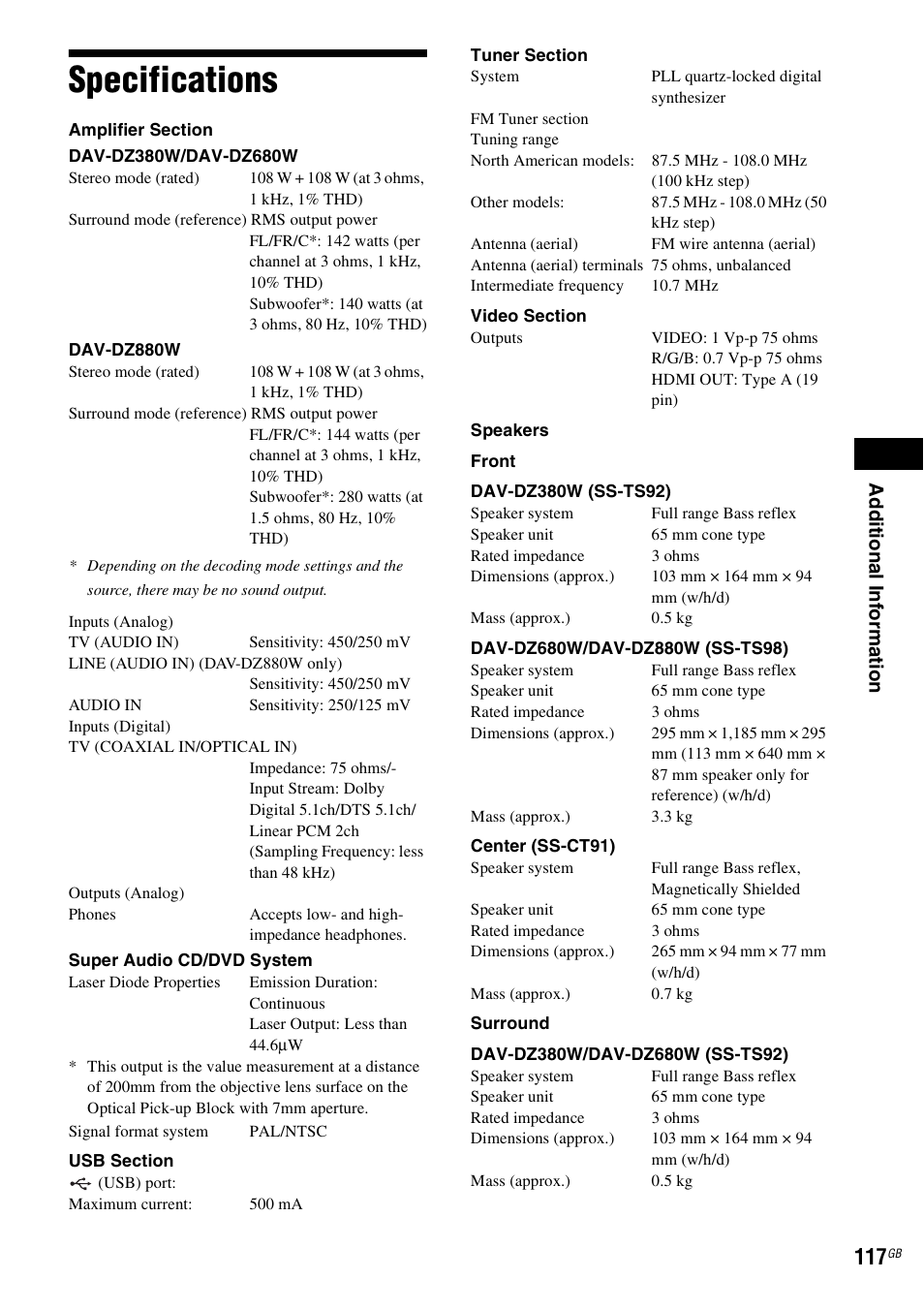 Specifications, Ad dit iona l inf o rma tion | Sony DAV-DZ380W User Manual | Page 117 / 136