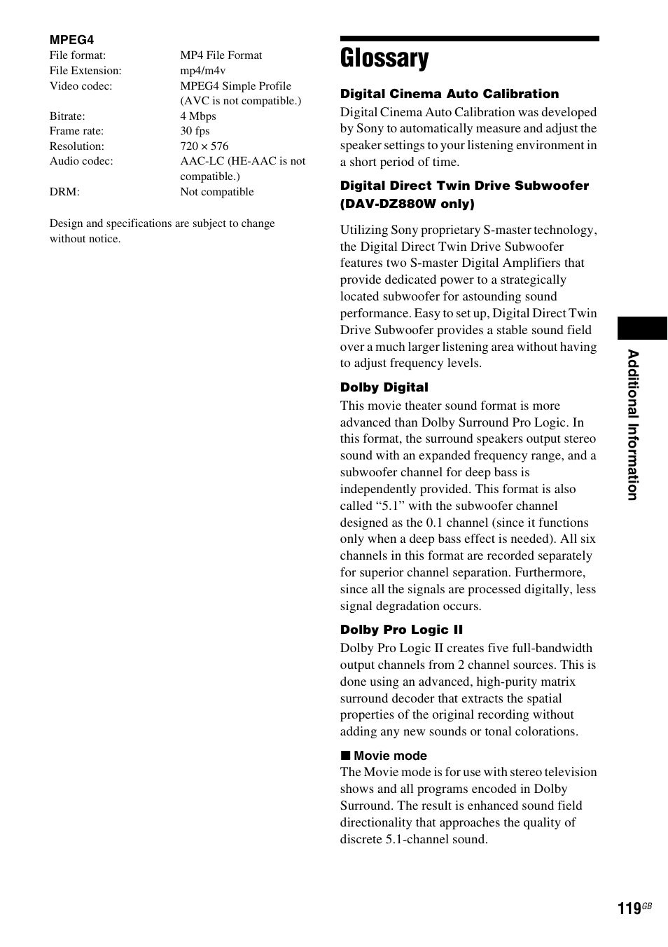 Glossary | Sony DAV-DZ380W User Manual | Page 119 / 136