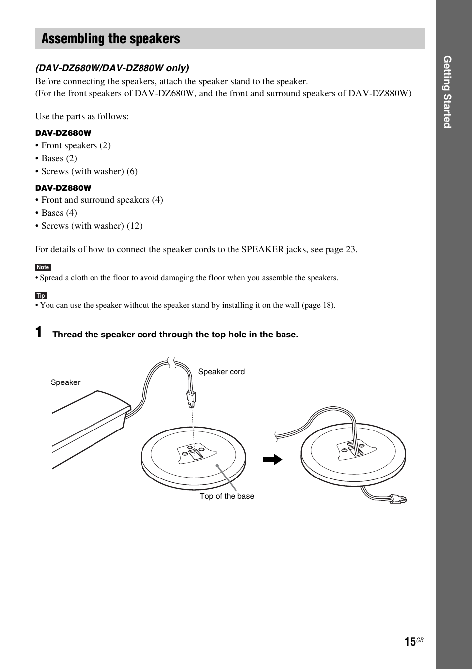 Assembling the speakers | Sony DAV-DZ380W User Manual | Page 15 / 136