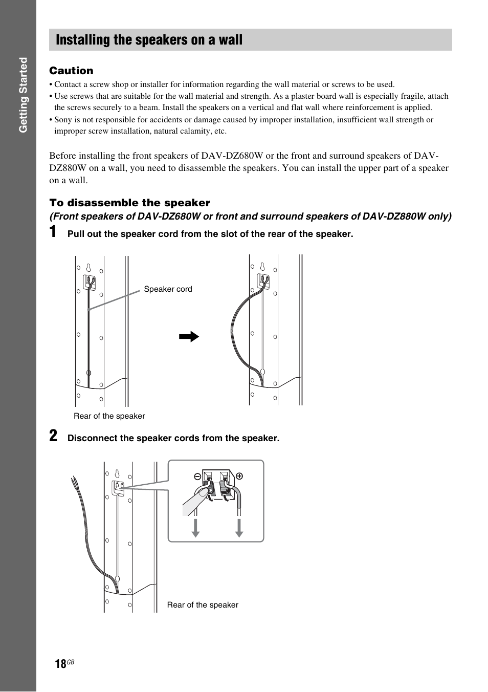 Installing the speakers on a wall | Sony DAV-DZ380W User Manual | Page 18 / 136