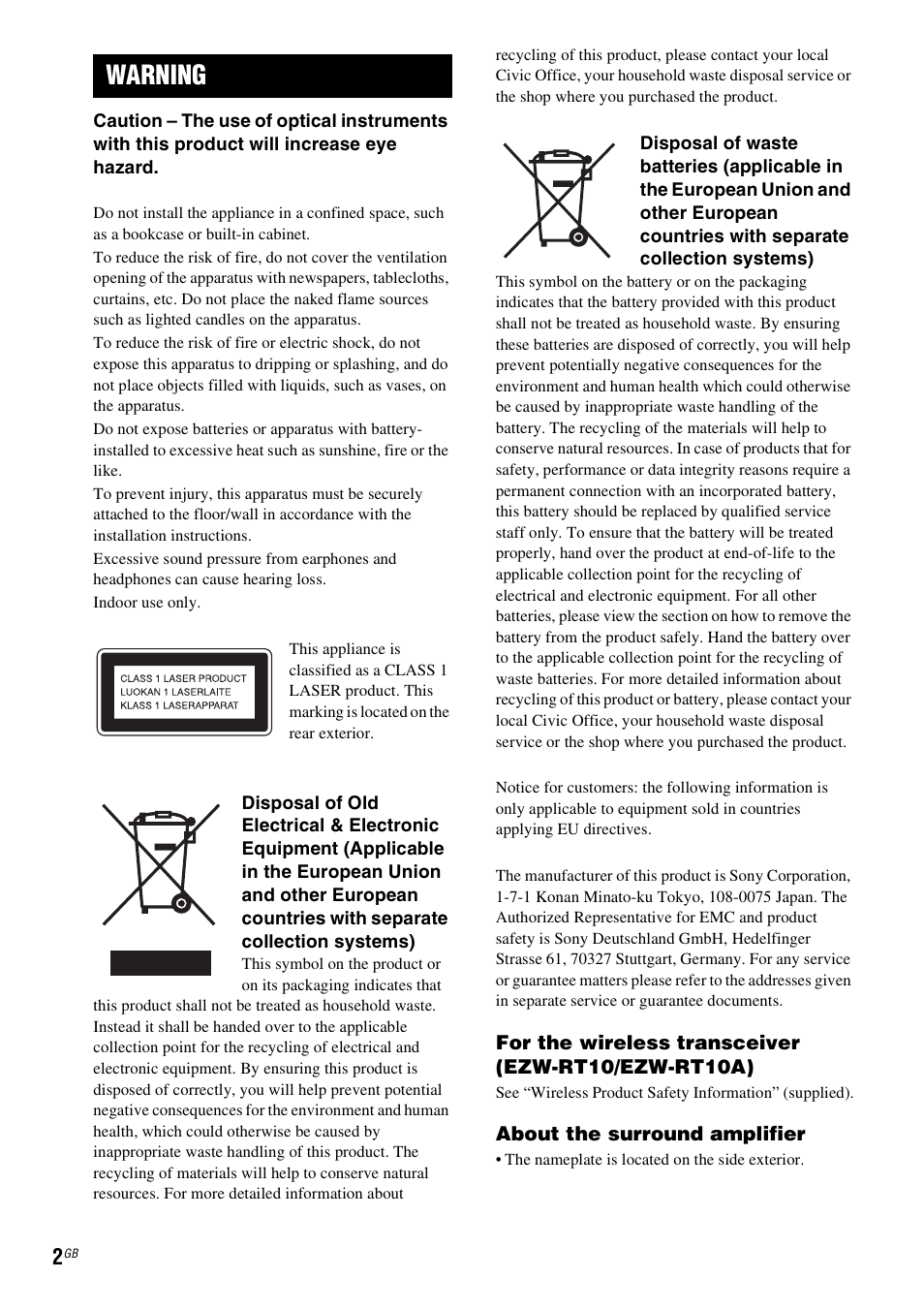 Warning | Sony DAV-DZ380W User Manual | Page 2 / 136