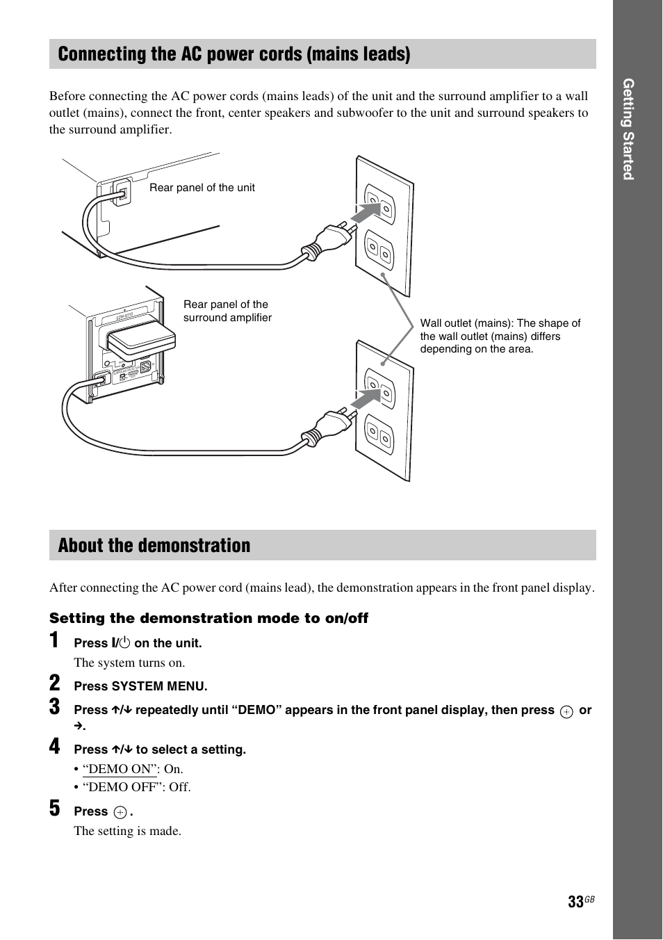 Connecting the ac power cords (mains leads), About the demonstration, Ge tting star te d | Setting the demonstration mode to on/off, The system turns on, Demo on”: on. • “demo off”: off, The setting is made, Press [ / 1 on the unit, Press system menu, Press x / x to select a setting | Sony DAV-DZ380W User Manual | Page 33 / 136