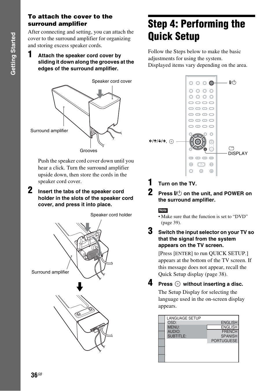 Step 4: performing the quick setup, Step 4: performing the quick, Setup | Sony DAV-DZ380W User Manual | Page 36 / 136