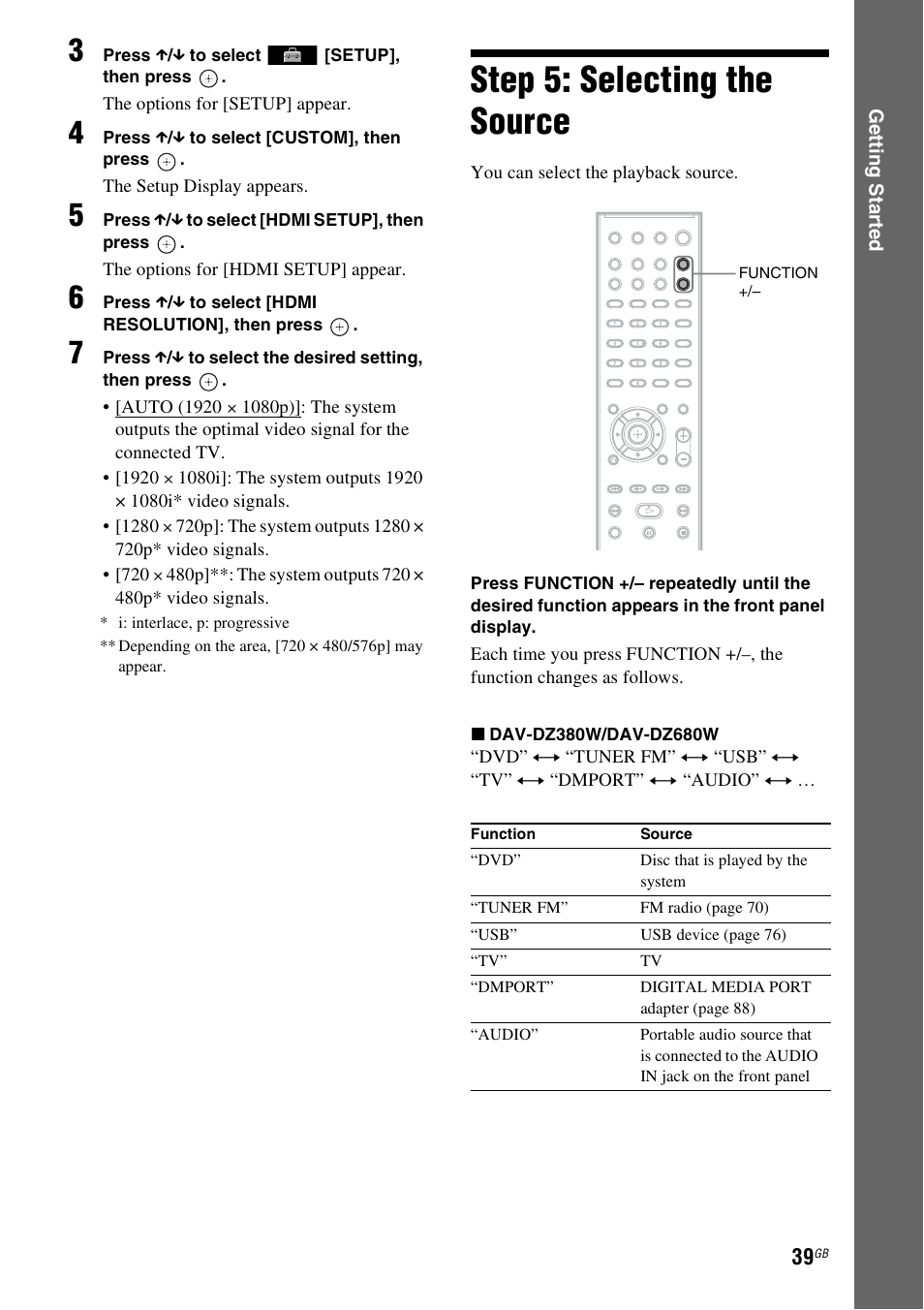 Step 5: selecting the source | Sony DAV-DZ380W User Manual | Page 39 / 136