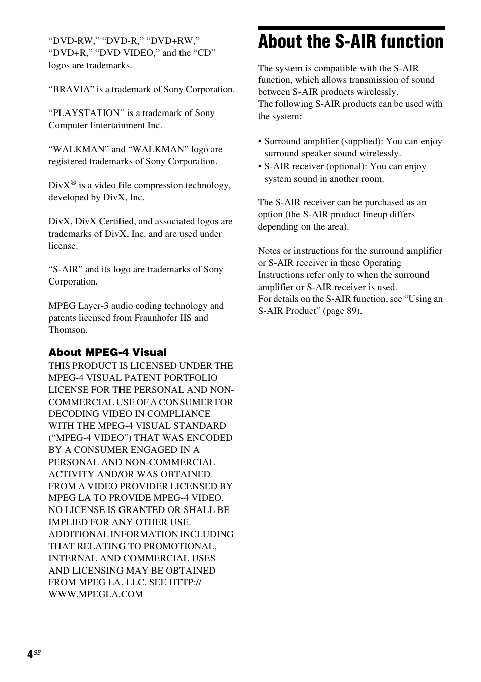 About the s-air function | Sony DAV-DZ380W User Manual | Page 4 / 136