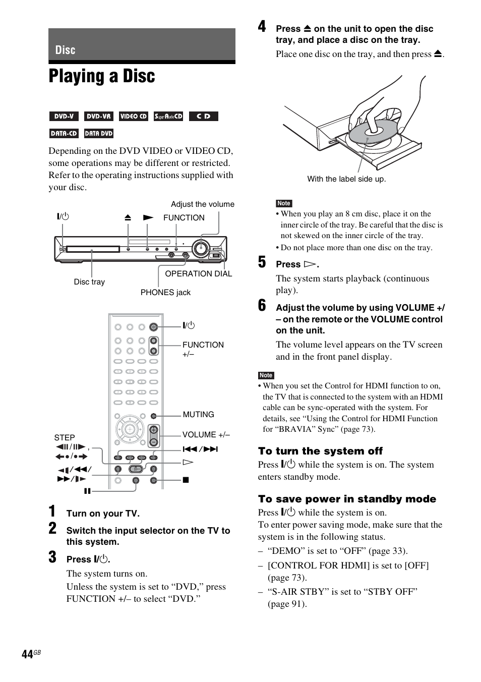 Disc, Playing a disc | Sony DAV-DZ380W User Manual | Page 44 / 136