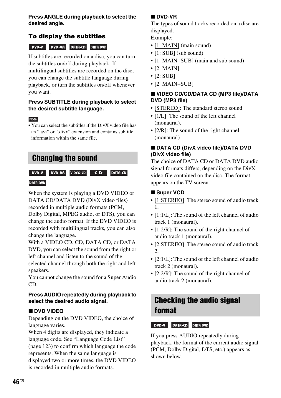 Changing the sound, Checking the audio signal format | Sony DAV-DZ380W User Manual | Page 46 / 136