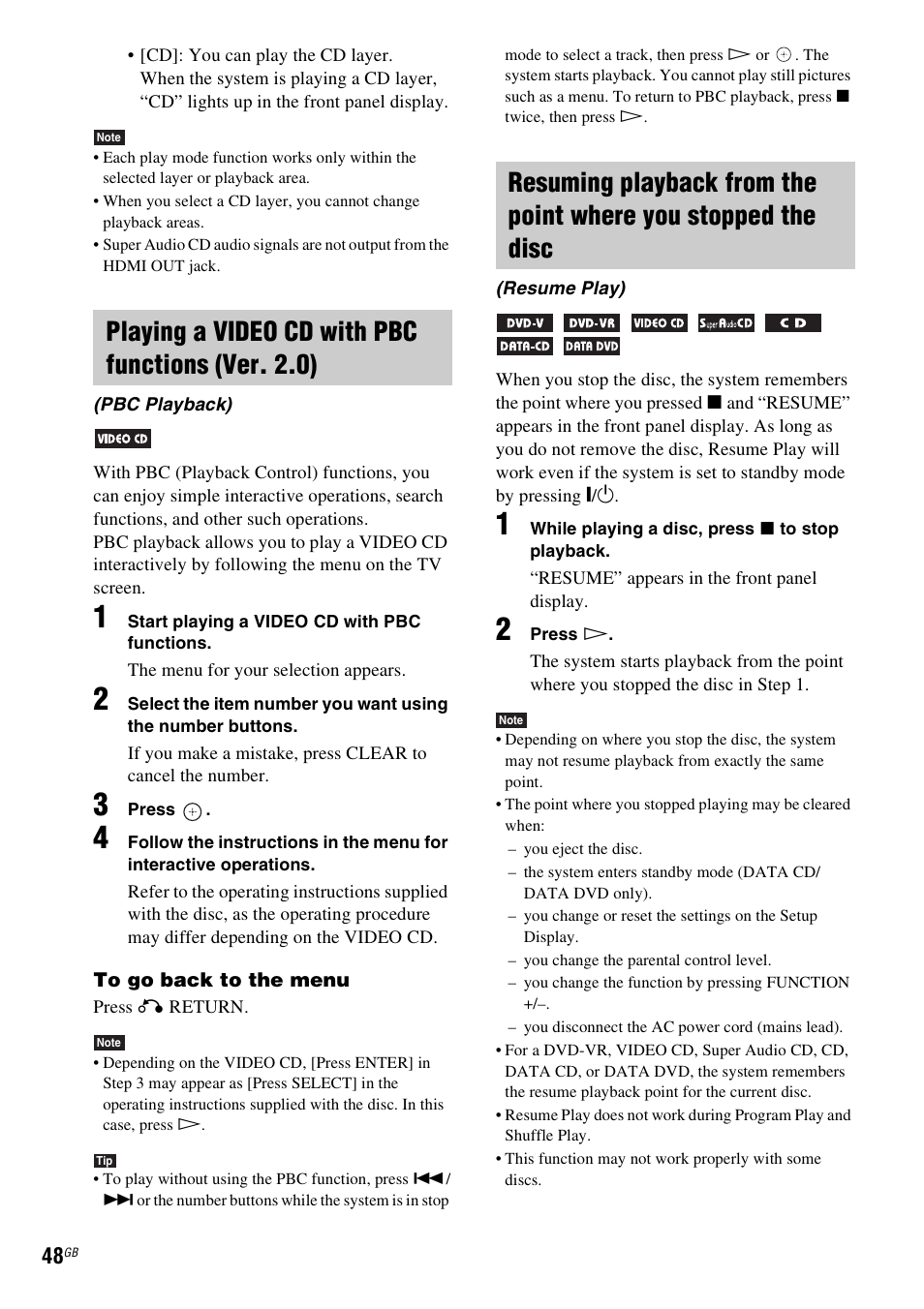 Playing a video cd with pbc functions (ver. 2.0) | Sony DAV-DZ380W User Manual | Page 48 / 136