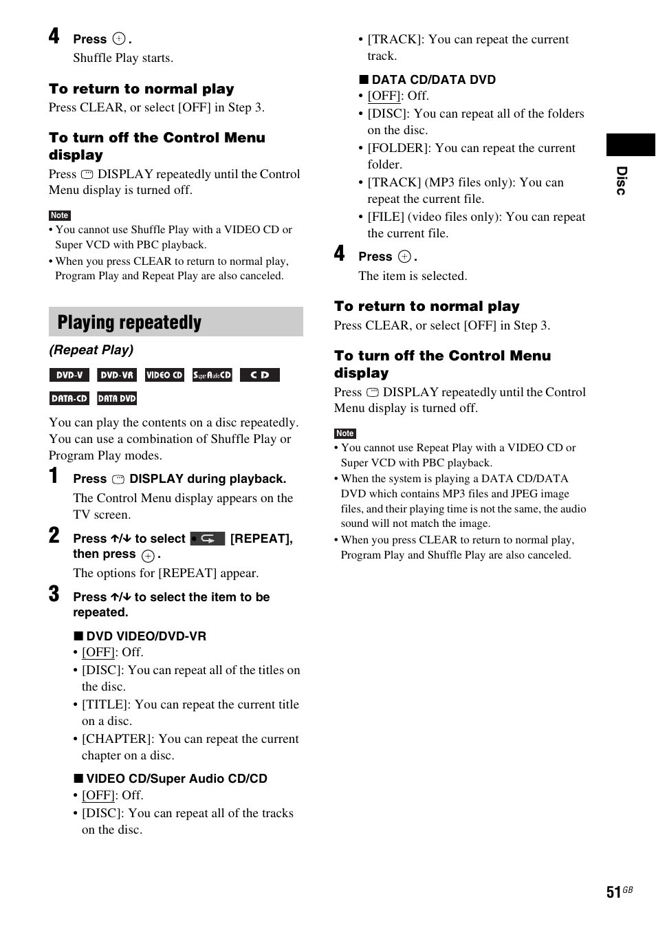 Playing repeatedly | Sony DAV-DZ380W User Manual | Page 51 / 136