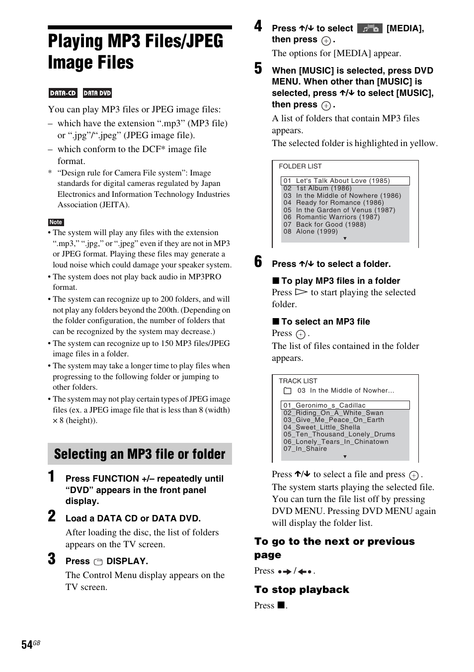 Playing mp3 files/jpeg image files, Selecting an mp3 file or folder | Sony DAV-DZ380W User Manual | Page 54 / 136