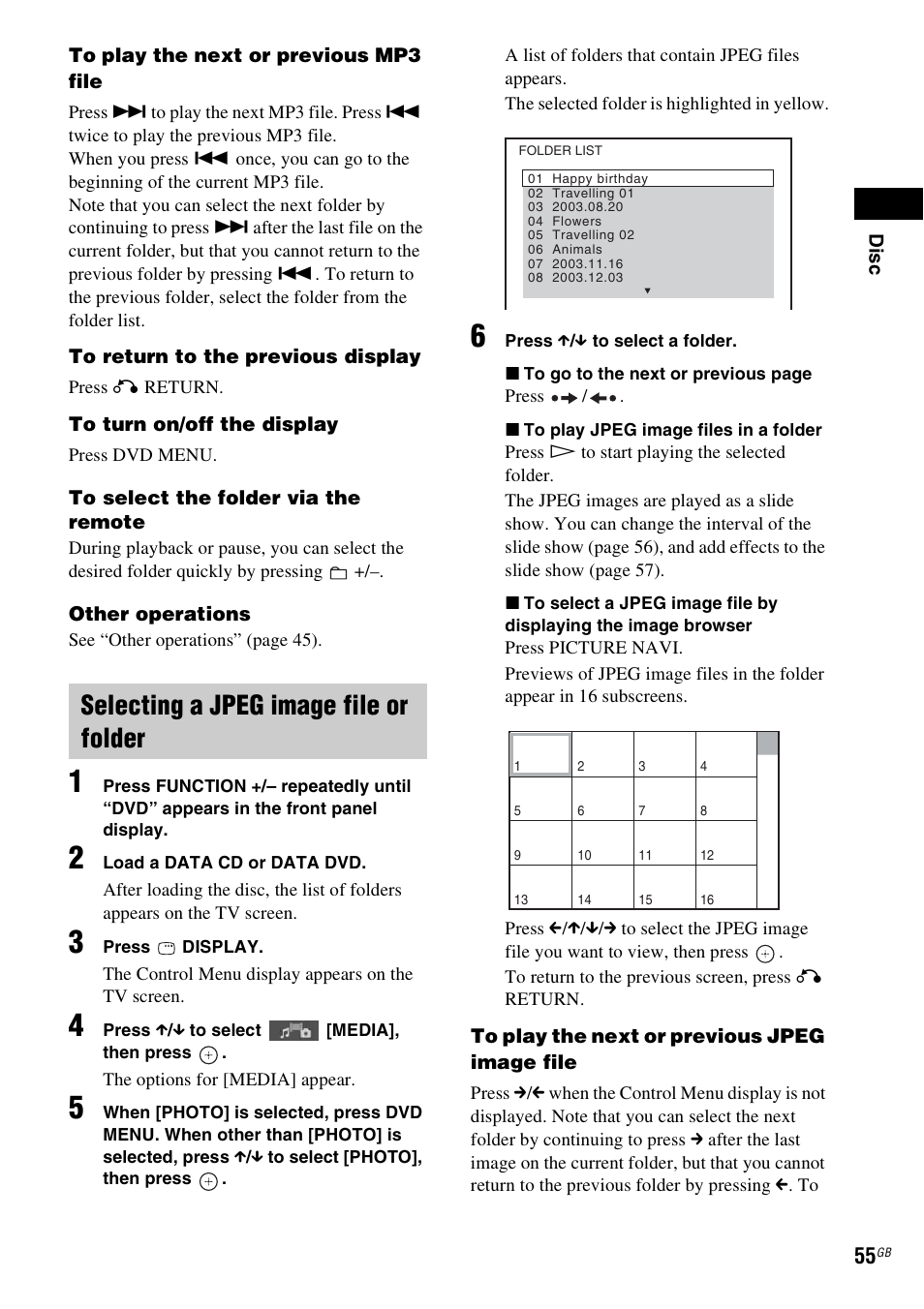 Selecting a jpeg image file or folder | Sony DAV-DZ380W User Manual | Page 55 / 136